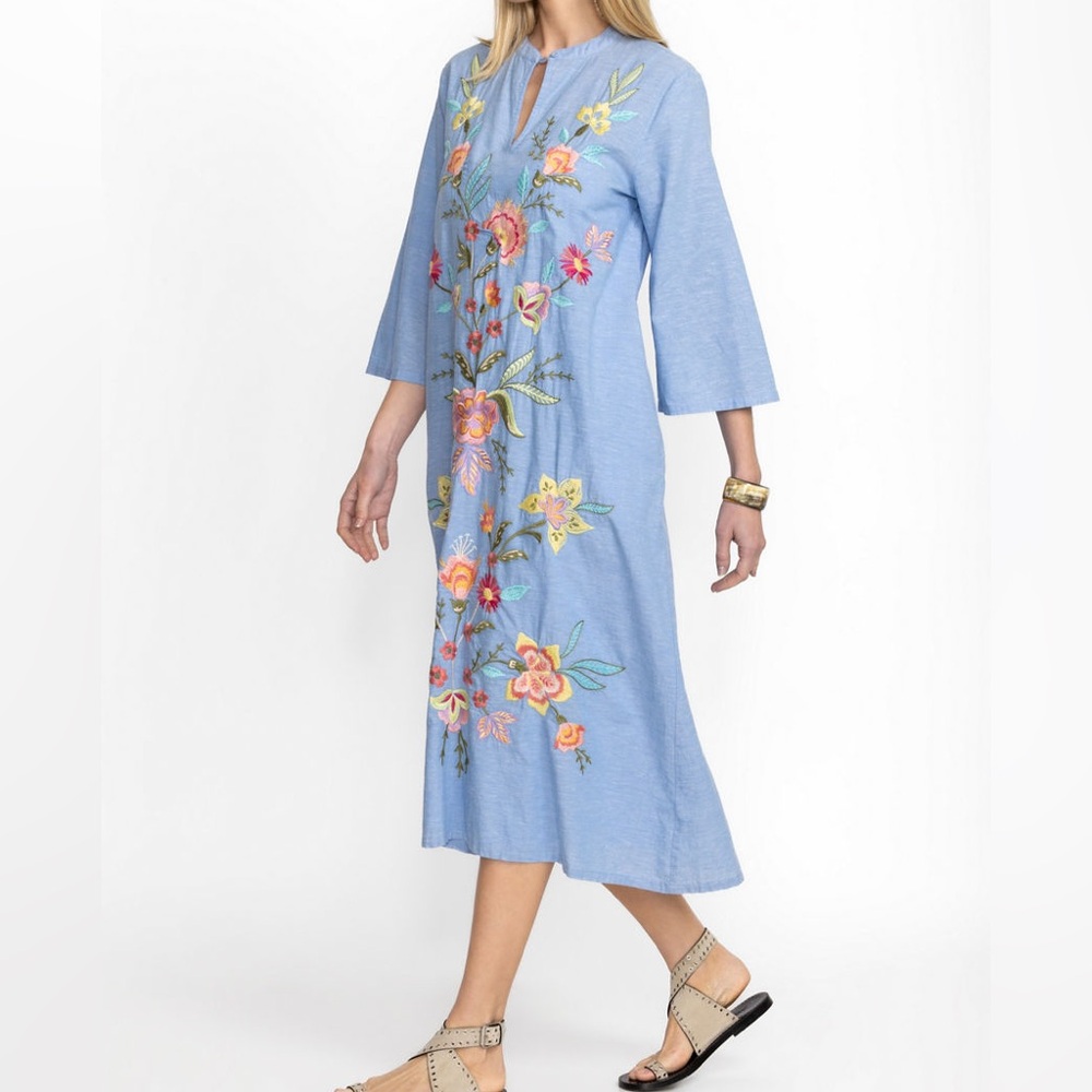Johnny Was Blue Long Sleeve Resort Dress CAMELLIA MANDARIN COLLAR DRESS